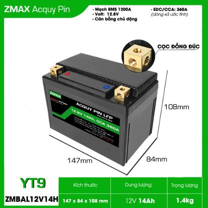 Ảnh của Bình Ắc Quy Pin ZMAX LFP(LiFePO4) ZMBAL12V14H-YT9 12v 14Ah, CCA 360A Dùng cho đề xe máy môtô 300cc