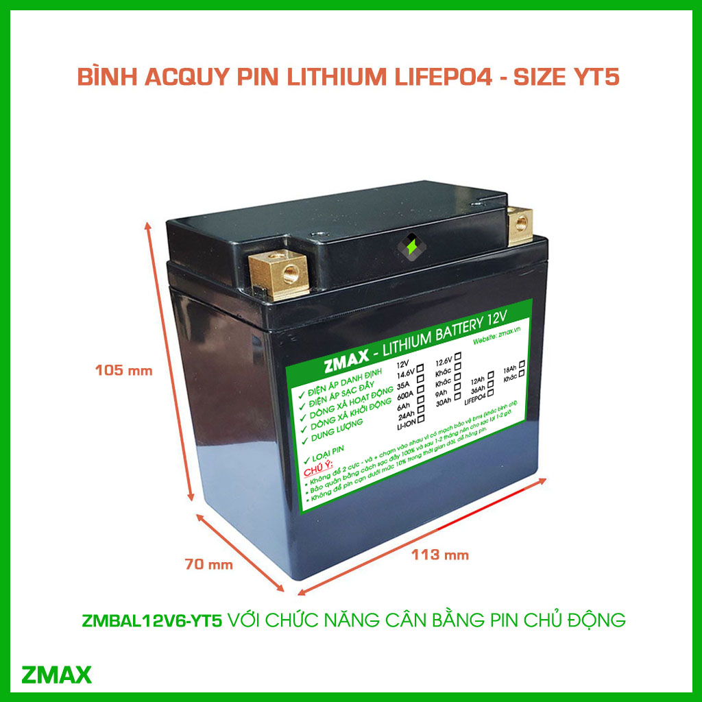 Bình Acquy ZMax Pin Lithium LifePO4 12V 6Ah, ZMBAL12V6-YT5 Cân Bằng Cell Pin Chủ Động Dùng Cho Xe Máy