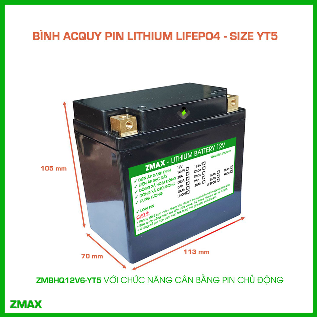 Bình Acquy ZMax Pin Lithium LifePO4 12V 6Ah, ZMBHQ12V6-YT5 Siêu tụ Fara, Cân Bằng Chủ Động, Dùng Cho Xe Máy