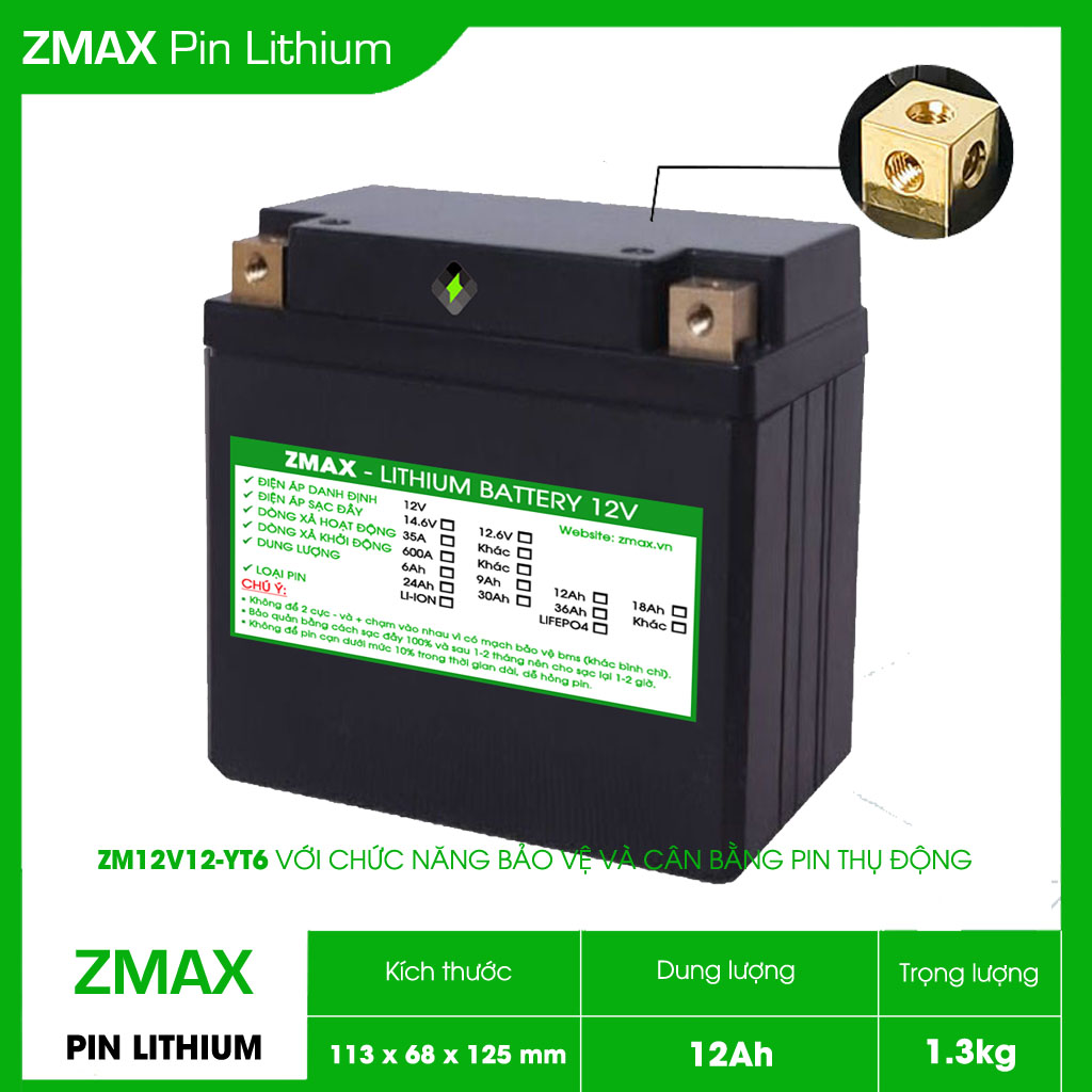 Bình Acquy ZMax Pin Lithium LifePO4 12V 12Ah, ZM12V12-YT6 Dùng Cho Xe Máy