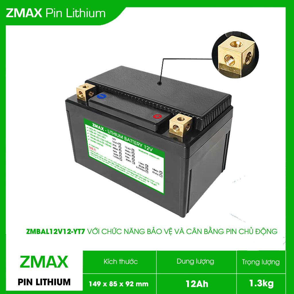 Bình Acquy ZMax Pin Lithium LifePO4 12V 12Ah, ZM12V12-YT7 Dùng Cho Xe Máy