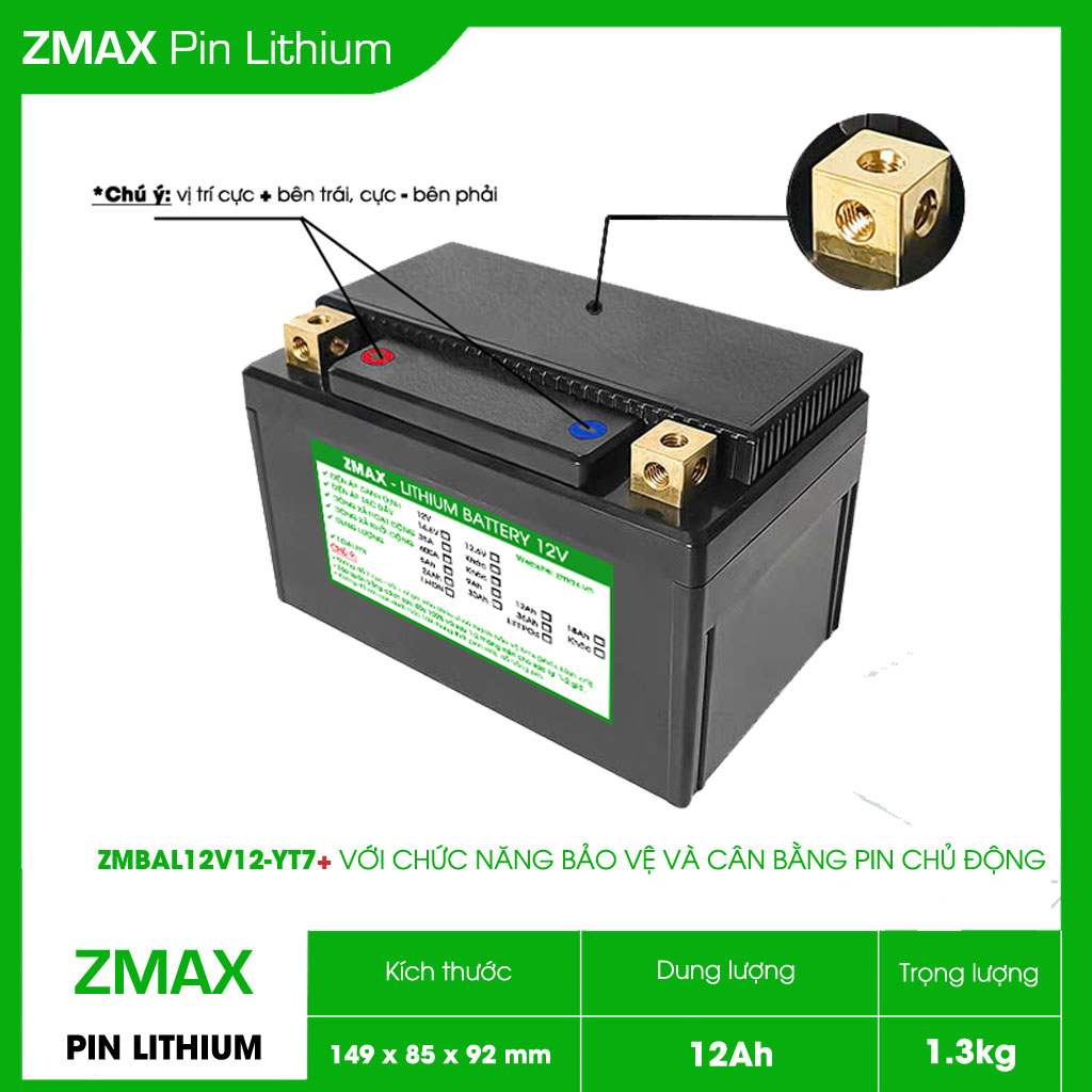Bình Acquy ZMax Pin Lithium LifePO4 12V 12Ah, ZMBAL12V12-YT7 Plus Dùng Cho Xe Máy