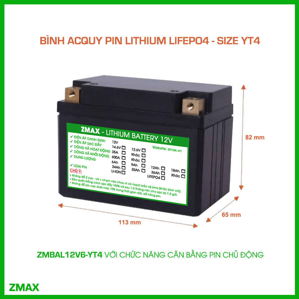 Bình Acquy ZMax Pin Lithium LifePO4 12V 6Ah, ZMBAL12V6-YT4 Cân Bằng Cell Pin Chủ Động Dùng Cho Xe Máy