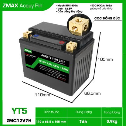 Bình Ắc Quy Pin LFP (LiFePO4) 12V 7Ah, ZMC12V7H-YT5 Dùng cho xe máy - mô tô 150cc