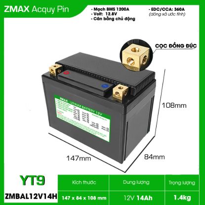Bình Ắc Quy Pin ZMAX LFP(LiFePO4) ZMBAL12V14H-YT9 12v 14Ah, CCA 360A Dùng cho đề xe máy môtô 300cc
