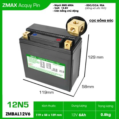 Bình Ắc Quy ZMax Pin Lithium LifePO4 12V 6Ah, Cân bằng chủ động ZMBAL12V6-12N5 Dùng Cho Xe Máy