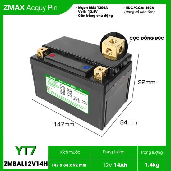 Bình Ắc Quy Pin ZMAX LFP(LiFePO4) ZMBAL12V14H-YT7 12v 14Ah, CCA 360A Dùng cho đề xe máy môtô 300cc