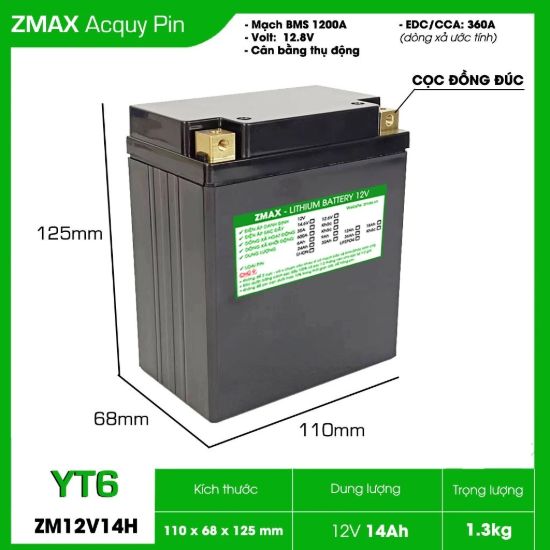 Bình Ắc Quy Pin ZMAX LFP(LiFePO4) ZM12V14H 12v 14Ah, CCA 360A Dùng cho đề xe máy môtô 300cc