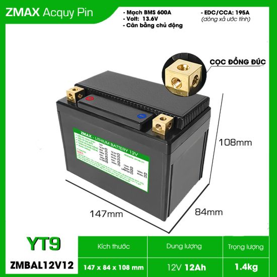Bình Ắc Quy ZMax Pin LFP/ Lithium LifePO4 12V 12Ah, ZMBAL12V12-YT9 Dùng Cho Xe Máy - Mô Tô
