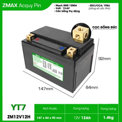 Bình Ắc Quy ZMax Pin Lithium LifePO4 12V 12Ah, ZM12V12H-YT7 Dùng Cho Xe Máy