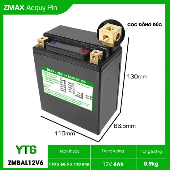 Bình Ắc Quy Pin LFP (LiFePO4) 12V 6Ah, ZMBAL12V6-YT6 Cân Bằng Cell Pin Chủ Động Dùng Cho Xe Máy