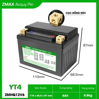 Bình Ắc Quy ZMax Pin Lithium LifePO4 12V 6Ah, ZMHQ12V6-YT4 Siêu tụ Fara, Dùng Cho Xe Máy