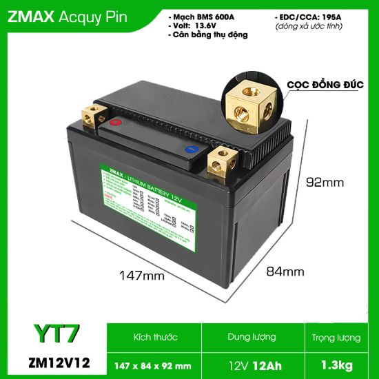 Bình Ắc Quy ZMax Pin Lithium LifePO4 12V 12Ah, ZM12V12-YT7 Dùng Cho Xe Máy