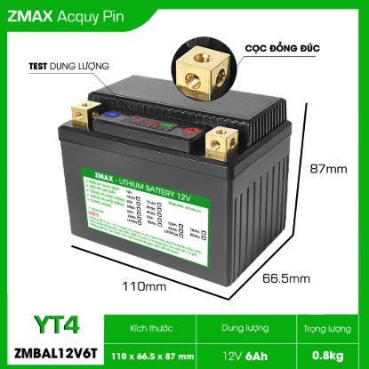 Bình Ắc Quy Pin LFP (LiFePO4) 12V 6Ah, ZMBAL12V6T-YT4 Cân Bằng Cell Pin Chủ Động Dùng Cho Xe Máy