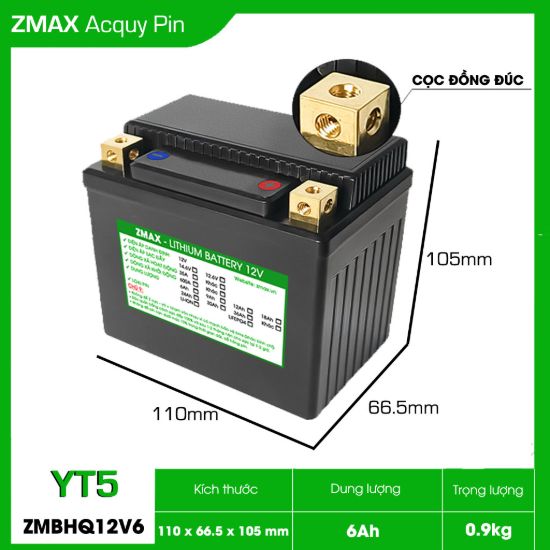 Bình Ắc Quy ZMax Pin Lithium LifePO4 12V 6Ah, ZMBHQ12V6-YT5 Siêu tụ Fara, Cân Bằng Chủ Động, Dùng Cho Xe Máy