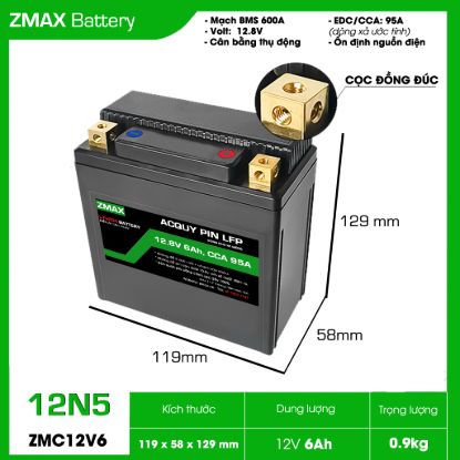 BĂ¬nh Acquy ZMax Pin Lithium LifePO4 12V 6Ah, ZMC12V6-12N5 DĂ¹ng Cho Xe MĂ¡y 135cc