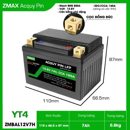Ảnh của Bình Ắc Quy Pin LFP (LiFePO4) 12V 7Ah, ZMBAL12V7H-YT4 Dùng cho xe máy - mô tô