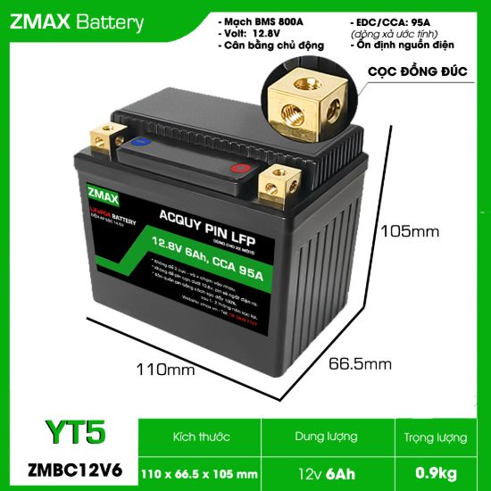 Ảnh của Bình Ắc Quy Pin LFP (LifePO4) 12V 6Ah, ZMBC12V6-YT5 Cân Bằng Cell Pin Chủ Động Dùng Cho Xe Máy